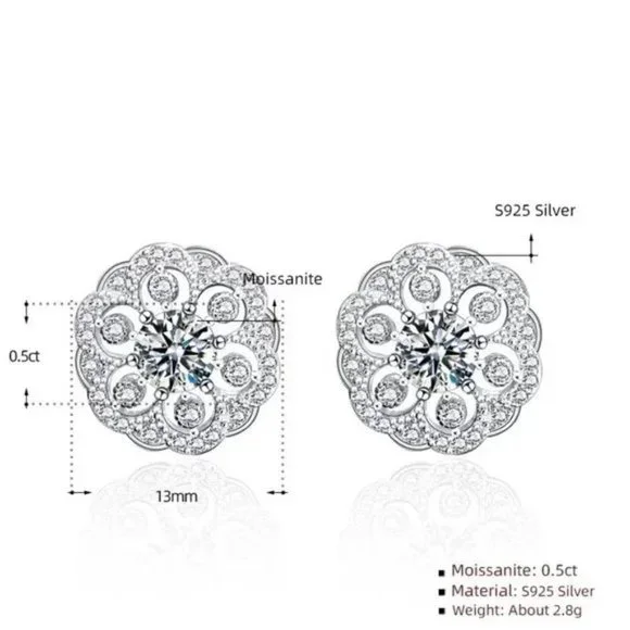 Certified 1ct. t.w. Moissanite Diamond Flower Stud Earrings NEW